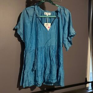 Chic Blue Blouse with Tassel Details